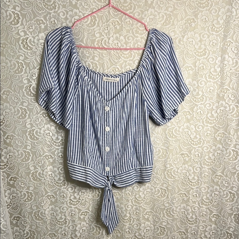 Aeropostale Blue and White Puff Sleeve Crop Top Viscose blend
